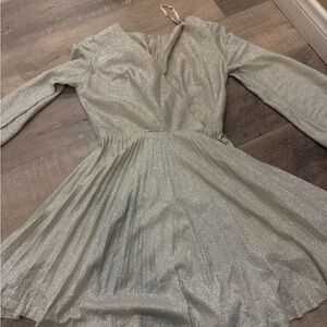 Vintage 70s Silver Metallic Disco Dress | Parc Jrs Petite Sunburst Pleat Mini